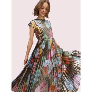 kate spade Metallic Gold Floral Pleated Midi Dress with Multicolor Blooms